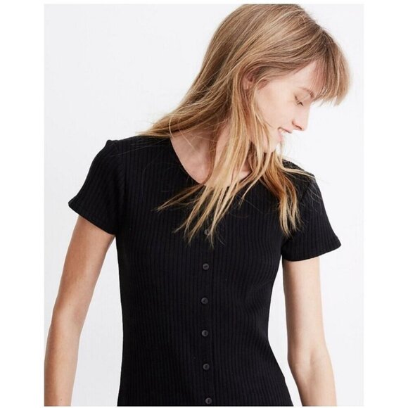 Madewell Dress Size M Button Front Ribbed Knit Mini Black Cotton Blend - Picture 2 of 12